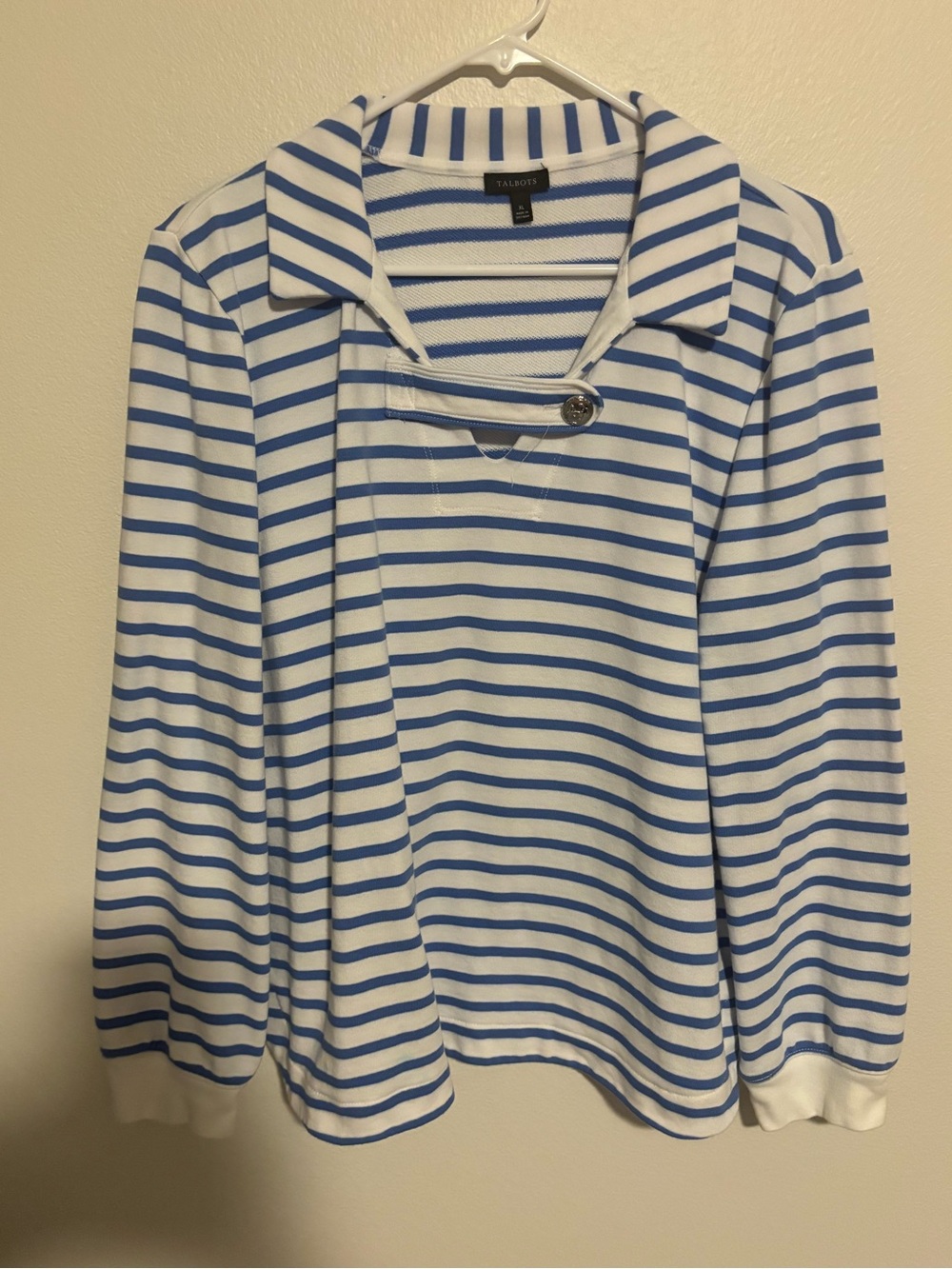 Talbots White and Blue Striped Long-Sleeve Boat Collar Top